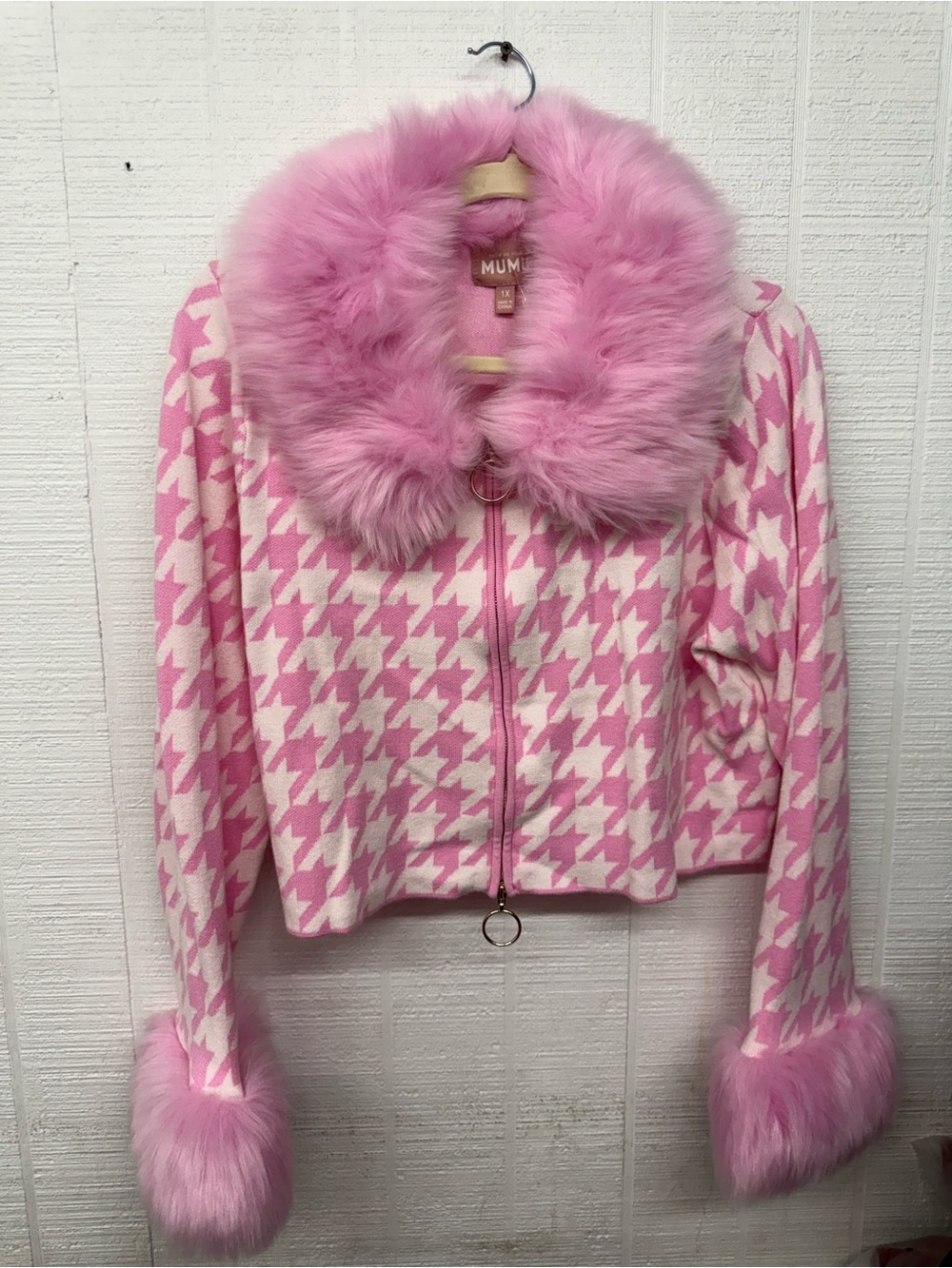 Show Me Your MuMu Pink & White Houndstooth Faux-Fur Trim Jacket